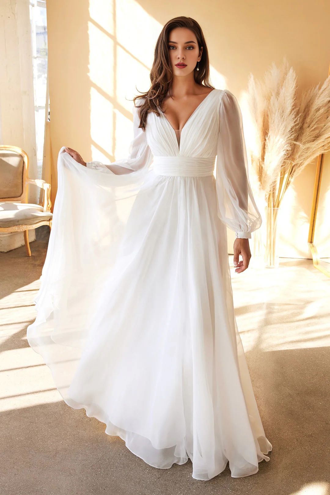 Off white long sleeved chiffon wedding dress