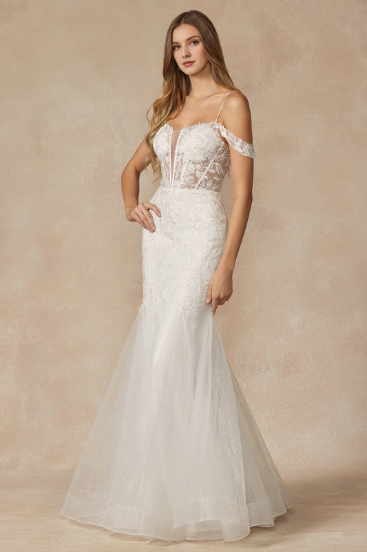 Embroidered long white off shoulder wedding dress