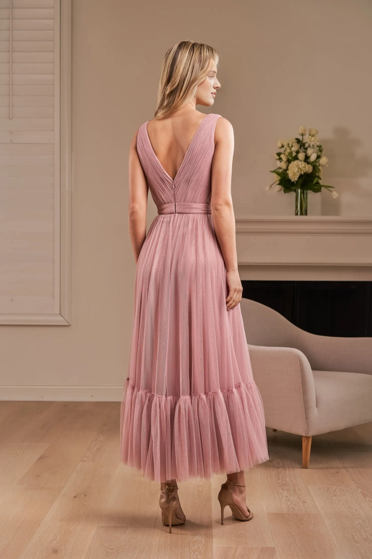 Soft chiffon A-line pleated V-neck ruffled mid length bridesmaid dress