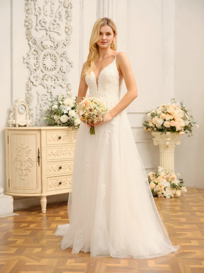 A-line applique sequin princess thin shoulder strap sleeveless long wedding dress