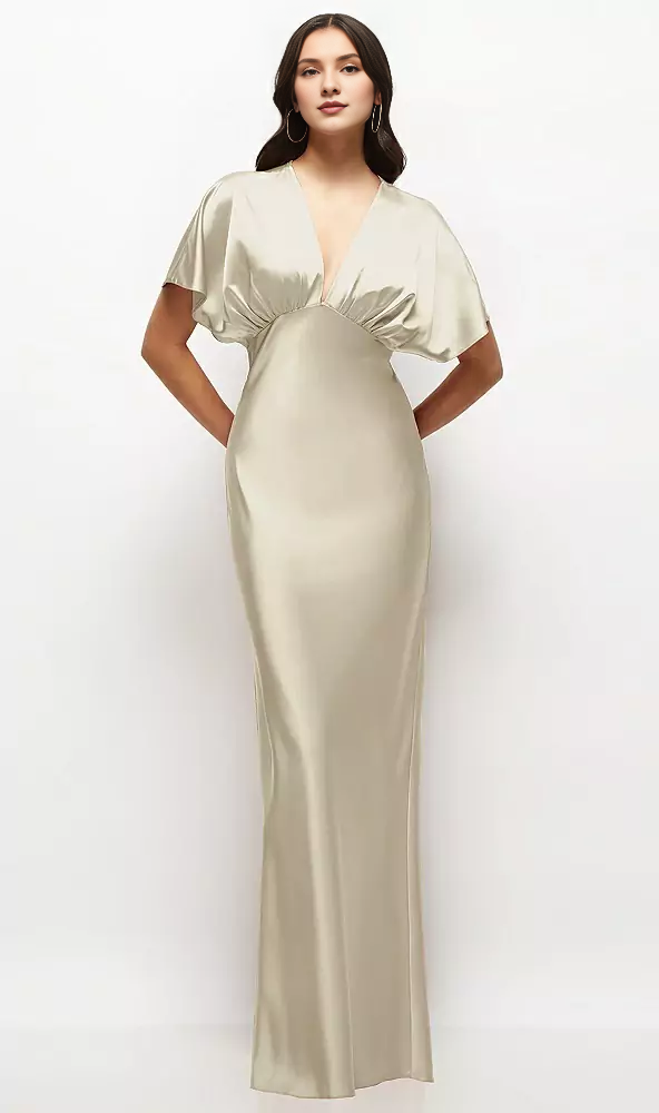 Deep V-neck kimono sleeves twill satin long bridesmaid dress