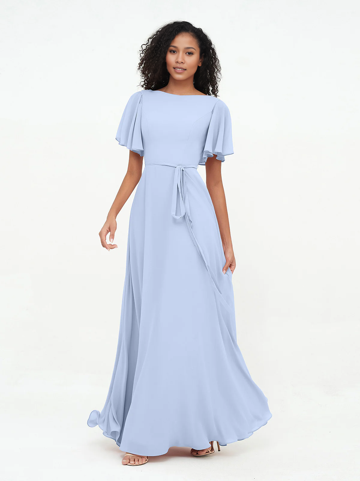 Bow fluttering sleeves chiffon bridesmaid dress