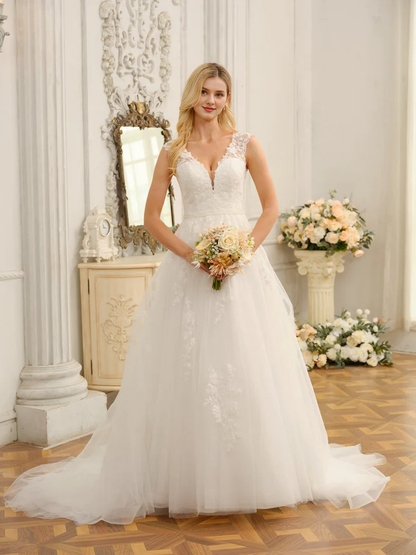 V-neck sleeveless applique and beaded long wedding dress