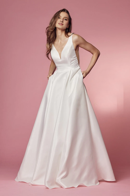 White taffeta V-neck long wedding dress