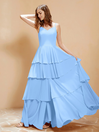 Bohemian style V-neck and floor length skirt with flowing ruffle edge bridesmaid dress