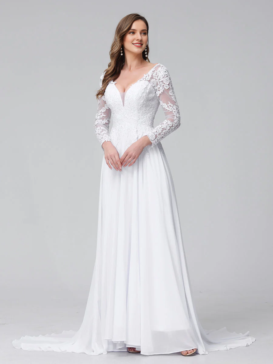 A-line V-neck long sleeved lace applique long chiffon wedding dress