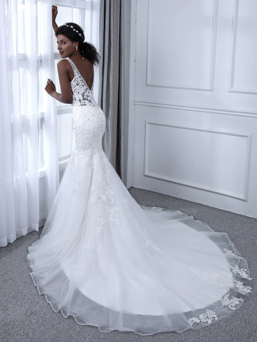 V-neck sleeveless beaded applique sequin sheer fishtail wedding dress