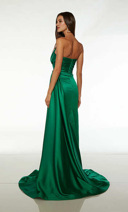 Satin off shoulder collar slim fit evening gown with flared front slit long formal dress