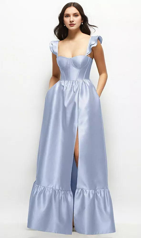 Ruffle shoulder strap satin tight corset long bridesmaid dress