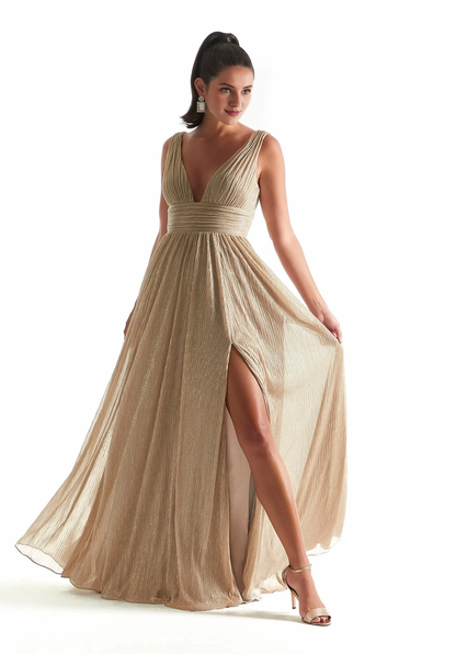 A-line V-neck slim shoulder strap pleated square back front skirt slit bridesmaid dress