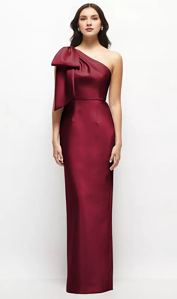 One shoulder bow satin long bridesmaid dress