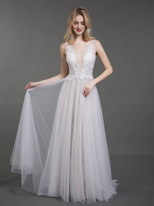 Lace chiffon minimalist beach wedding dress