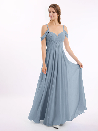 Off shoulder thin shoulder strap chiffon dress