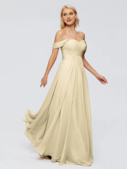 Off shoulder chiffon and floor length bridesmaid dress