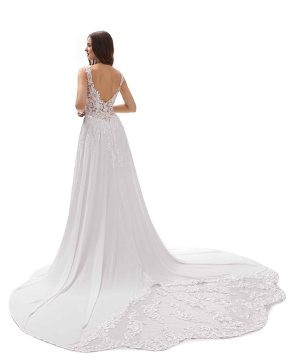 Elegant A-line V-neck ultra long lace wedding dress