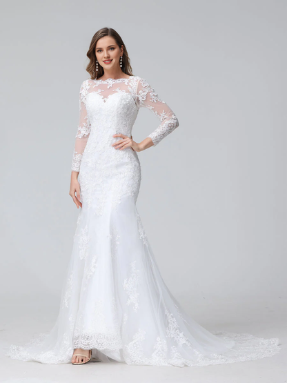 Horn fish tail long sleeved embroidered lace wedding dress