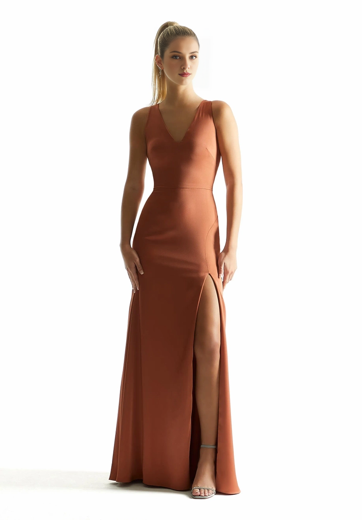 A-line satin V-neck slim fit V-back bridesmaid dress