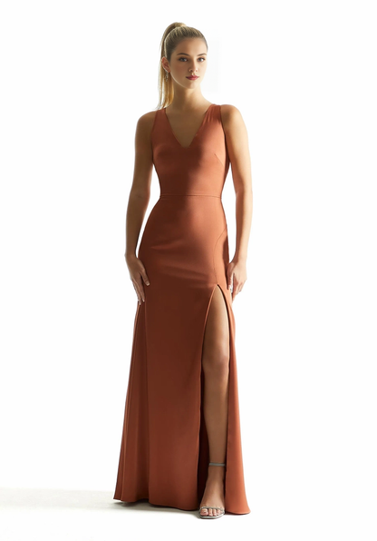 A-line satin V-neck slim fit V-back bridesmaid dress