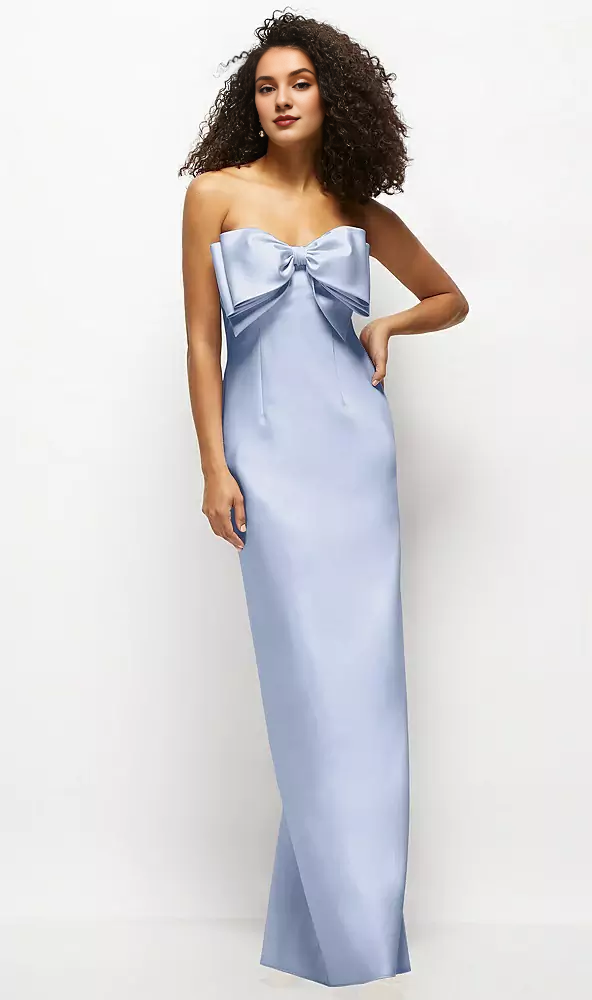 Handmade oversized bow strapless satin long bridesmaid dress