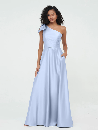 Pocket one shoulder long satin bridesmaid dress