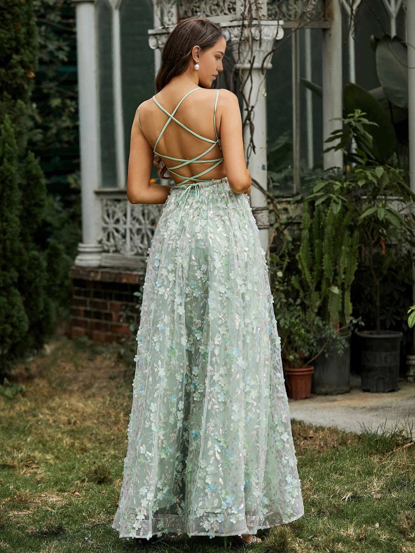 V-neck decal flower slit Prom dress