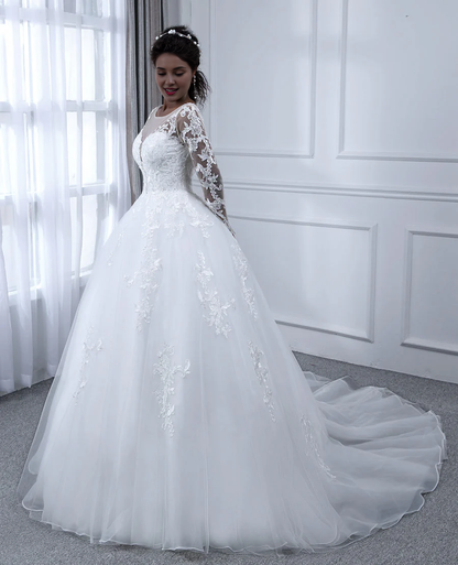 Long sleeved and applique transparent collar chiffon ball gown wedding dress