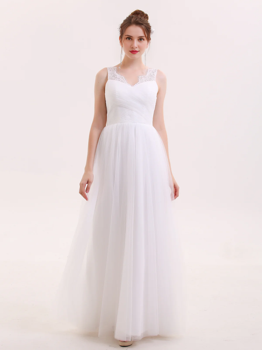 Lace shoulder strap chiffon long wedding dress