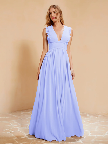 Deep V-neck ruffled pleated bridesmaid dress