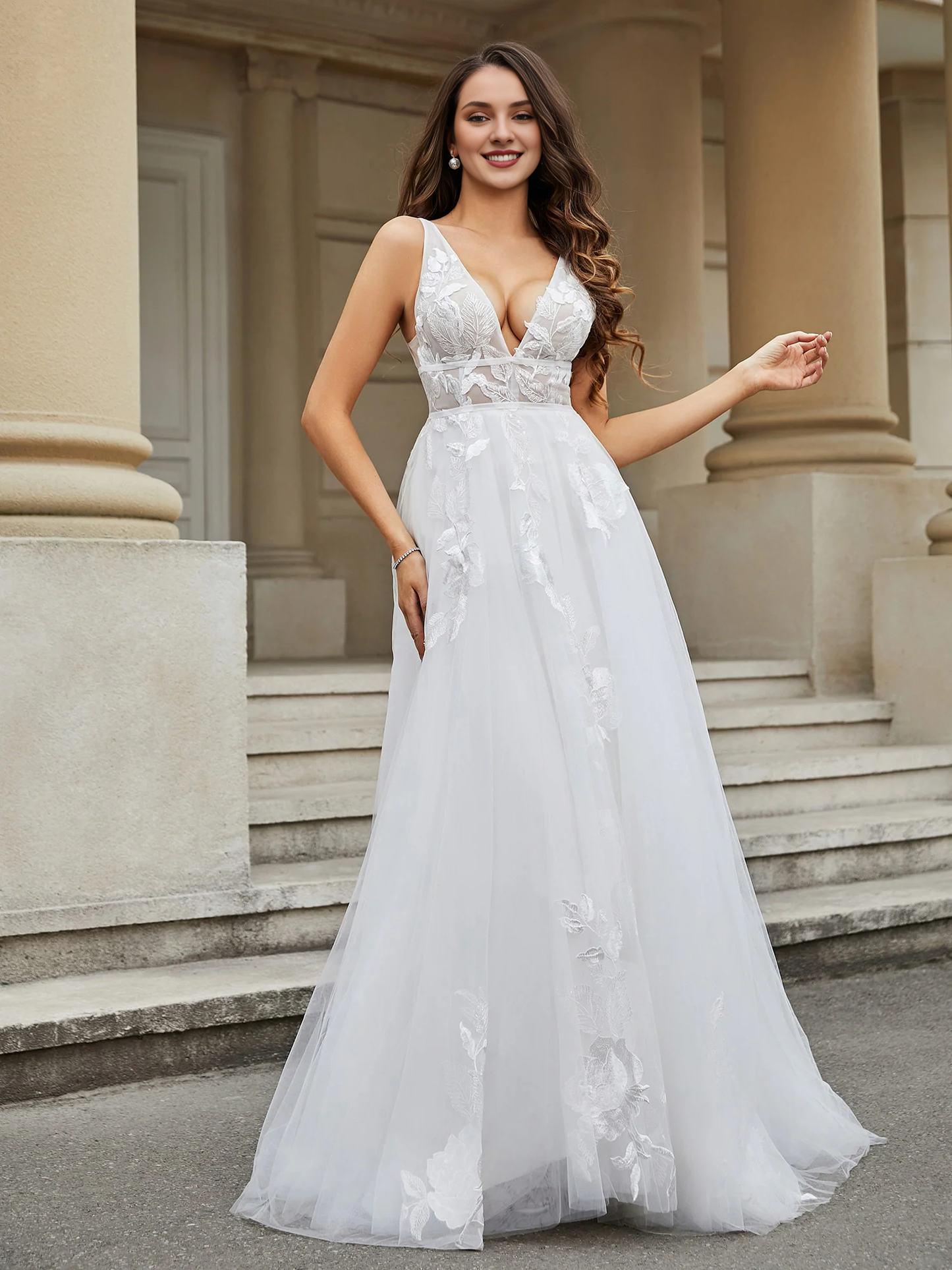 V-neck lace applique chiffon wedding dress