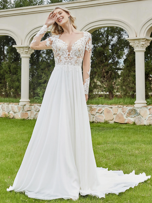 Deep V-neck button church trailing wedding dress