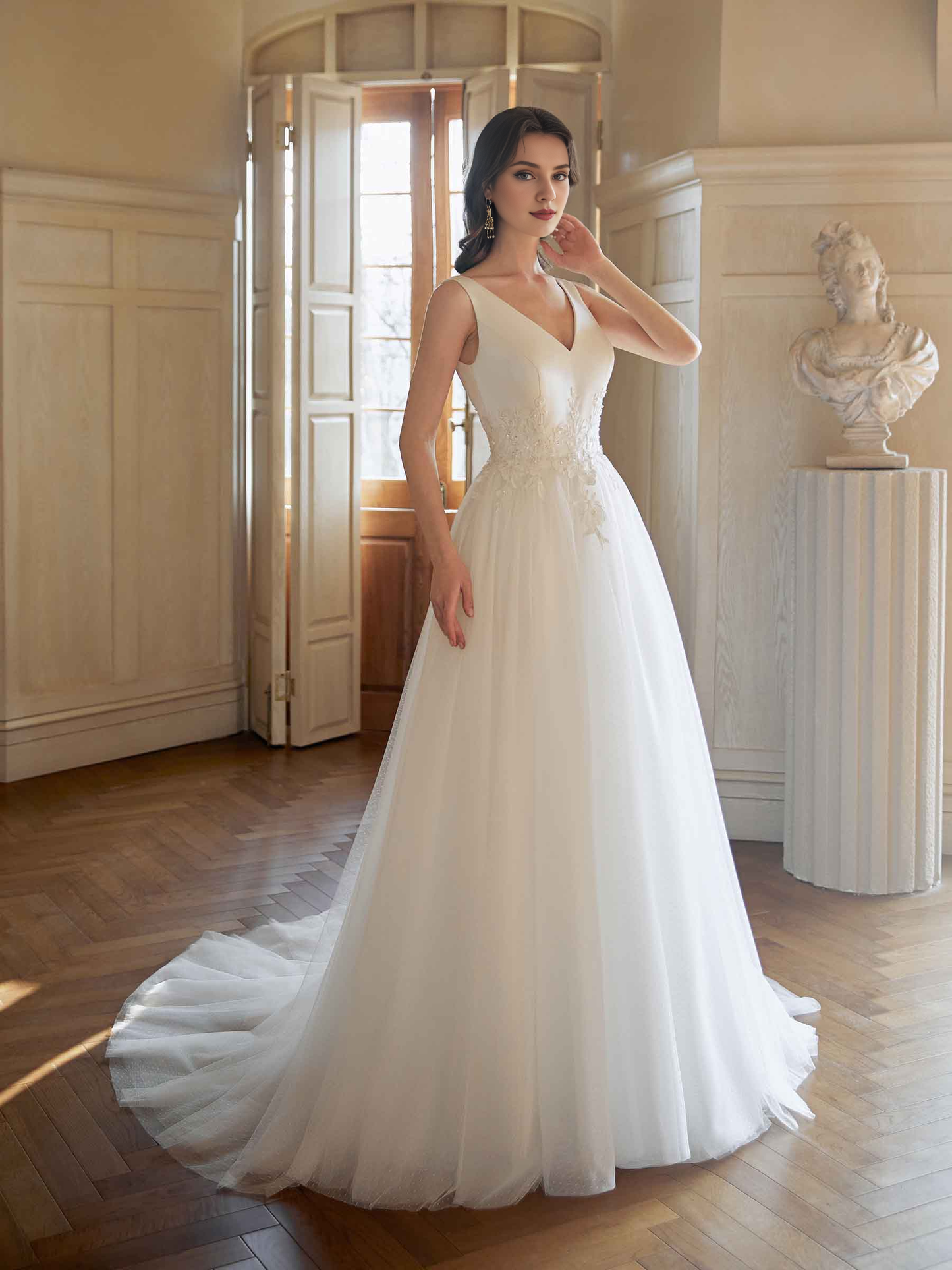 Elegant backless V-neck A-line extra long wedding dress