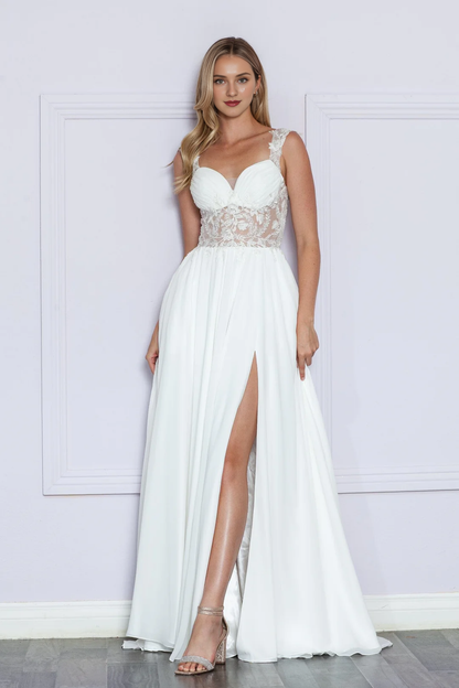 Flower embroidery long sleeveless illusion wedding dress