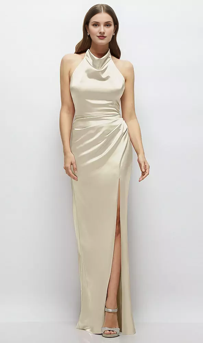 Cowl hanging neck backless satin and floor length bridesmaid dress