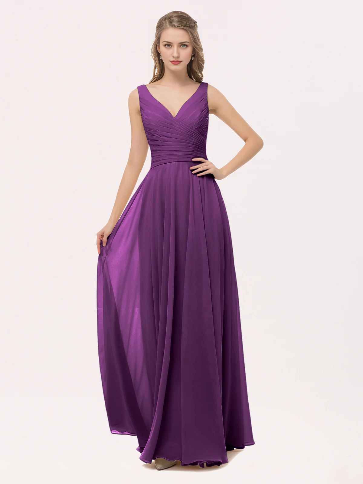 V-neck bow chiffon long bridesmaid dress