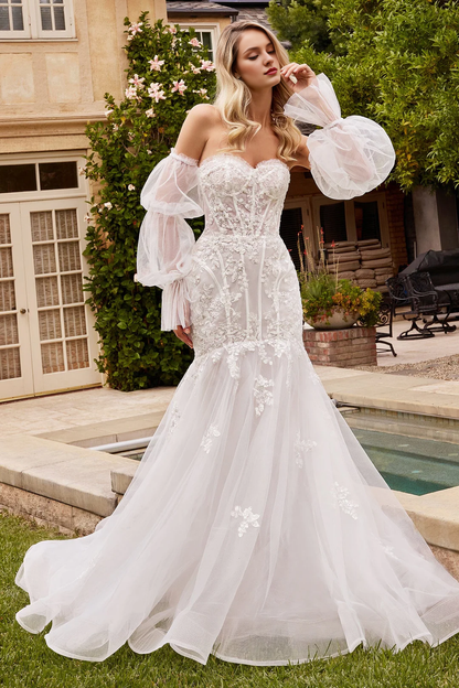 Lace decal long strapless bubble sleeve wedding dress