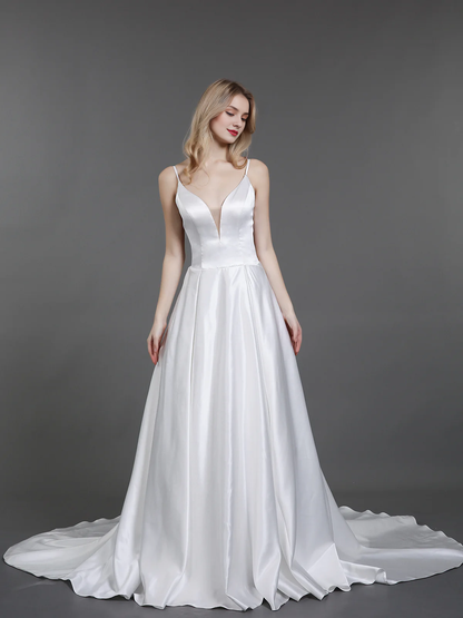 Thin shoulder strap simple satin wedding dress