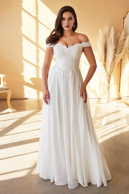 Long white off shoulder wedding dress