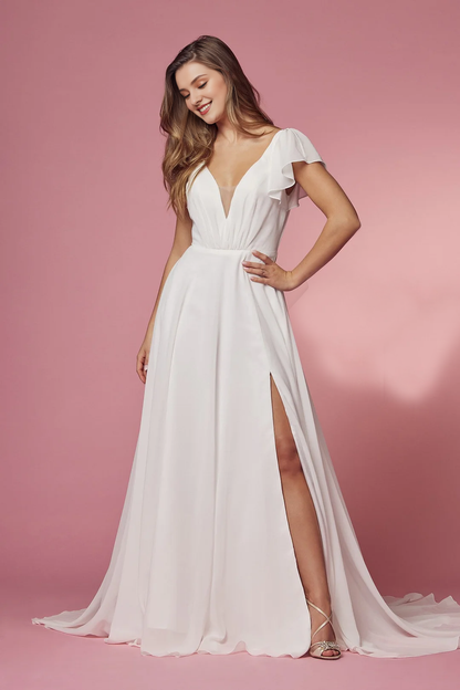 White long short sleeved wedding dress