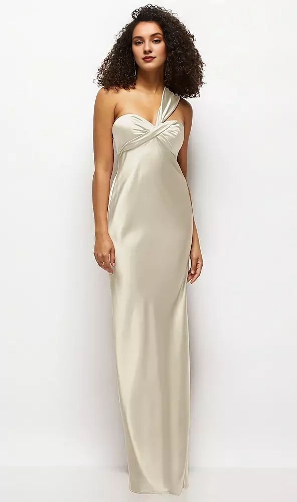 Satin twisted pattern strapless one shoulder twill extra long bridesmaid dress