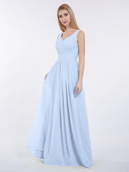 V-neck full-length chiffon pleated dress