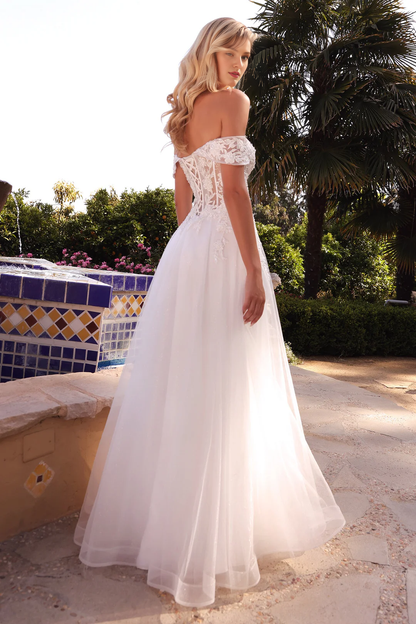 Long off shoulder tight corset wedding dress