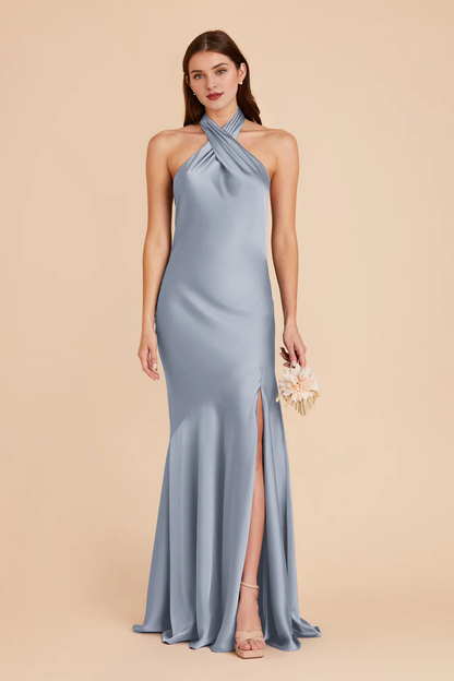 A-line diagonal seam front cross slit hanging neck bridesmaid dress