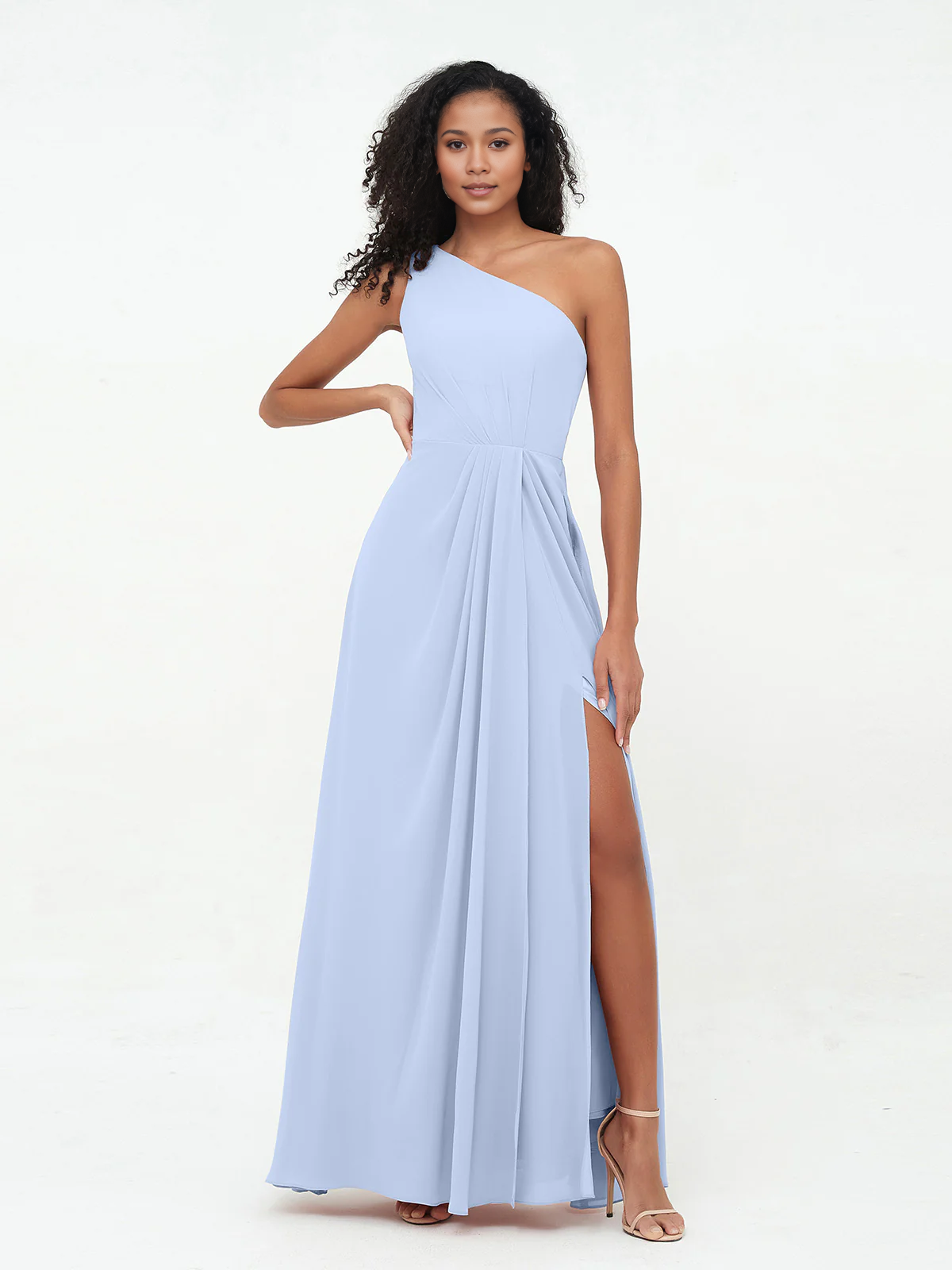 Split grey rose one shoulder chiffon bridesmaid dress