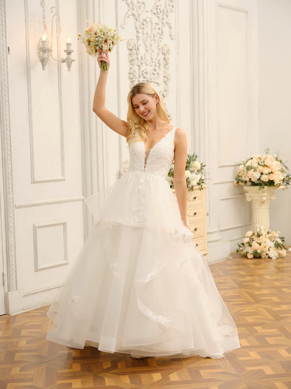 V-neck sleeveless applique long ball gown wedding dress