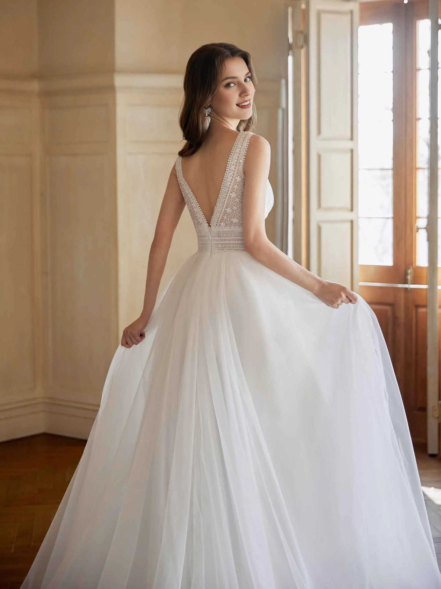 Elegant backless A-line ultra long lace wedding dress