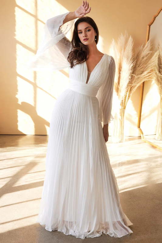 Wrinkled long flared sleeves off white wedding dress