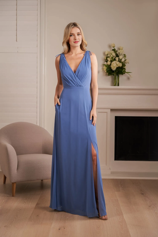 Polyester chiffon A-line V-shaped neckline with thin shoulder straps and front slit bridesmaid dress