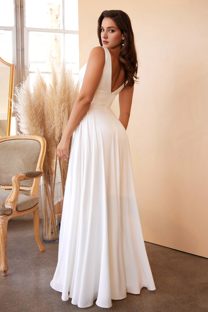 Off white long sleeveless satin V-neck wedding dress