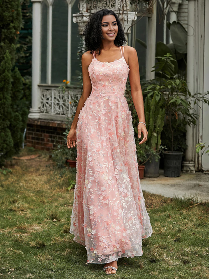 Thin shoulder strap tied floral decal Prom dress