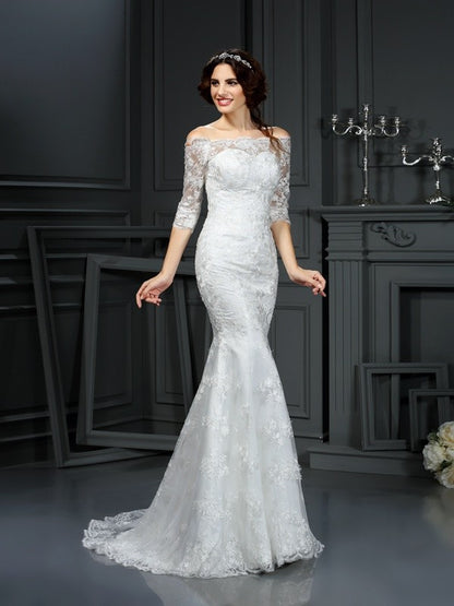 Sheath/Column Off-the-Shoulder Lace 1/2 Sleeves Long Lace Wedding Dresses